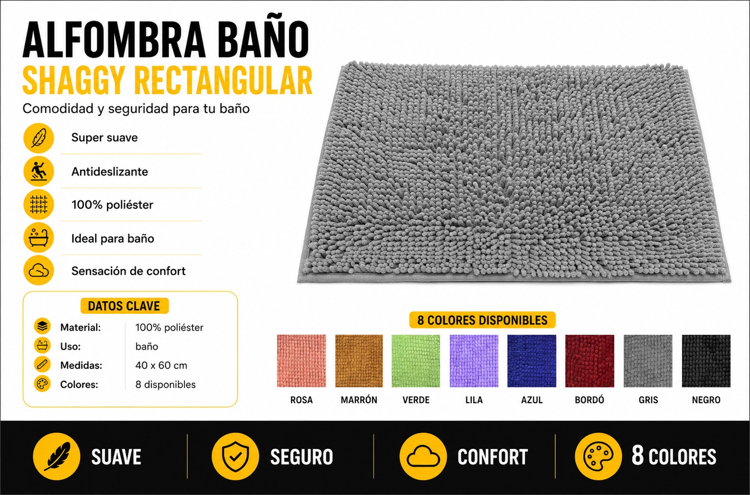 ALFOMBRA SHAGGY ANTIDESLIZANTE 40X60CM