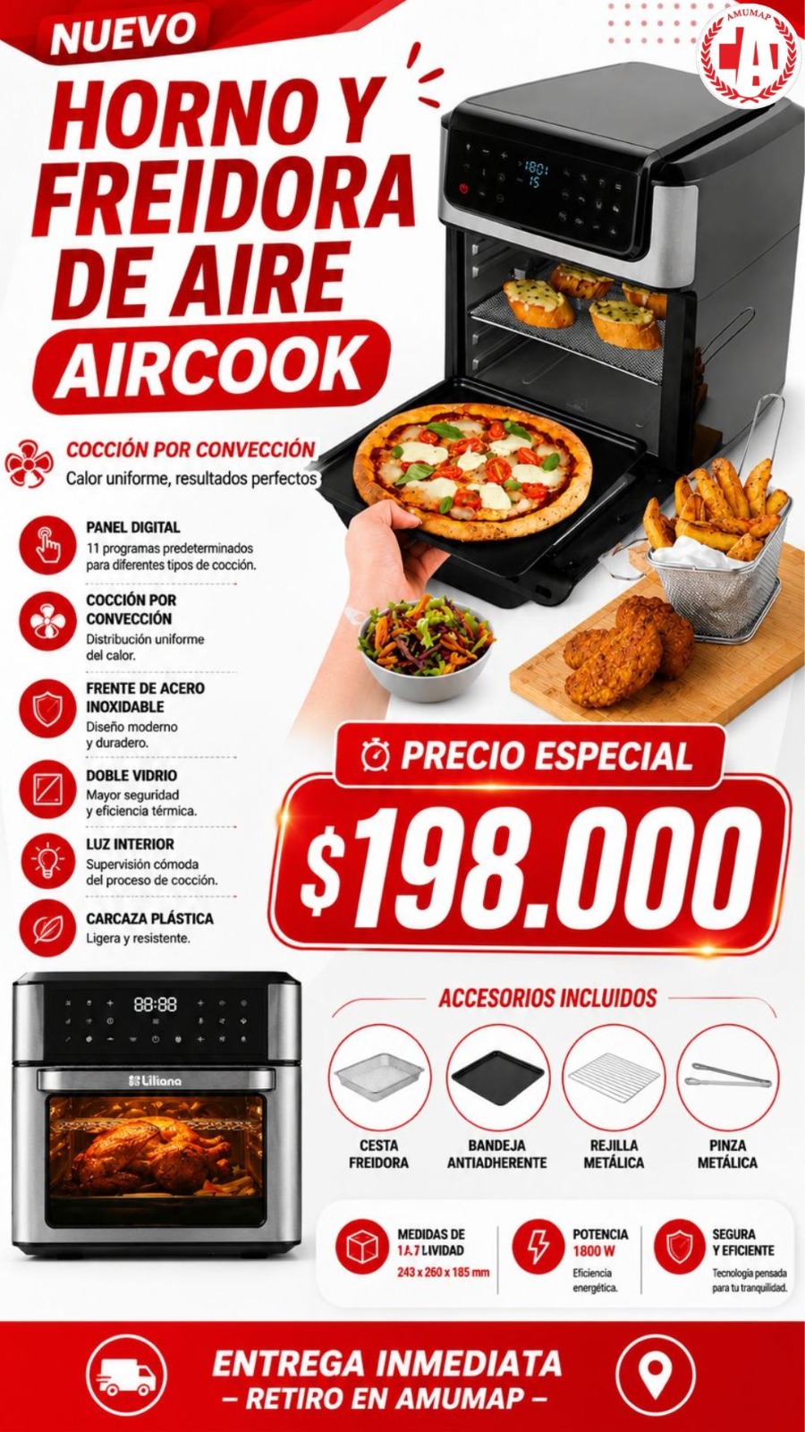 Horno y Freidora de Aire AIRCOOK. Panel digital. Coccion por conveccion. Frente de acero inoxidable. Doble vidrio. Luz interior. Carcaza plastica. Potencia:1800W. Con accesorios incluidos ( Bandeja an