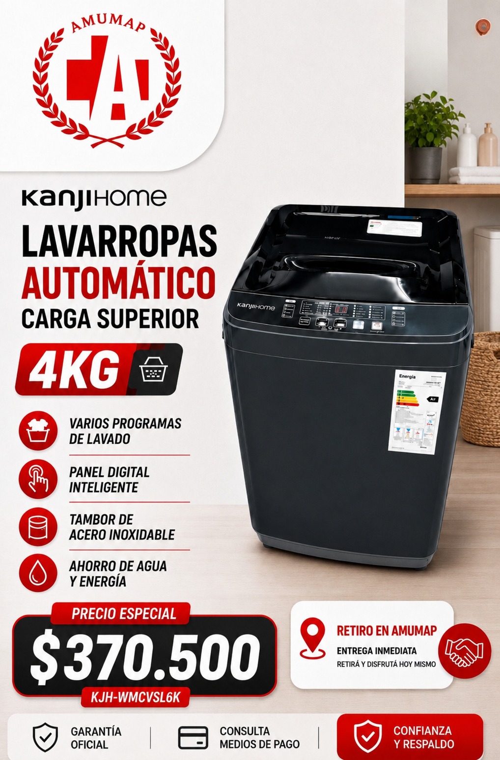 Lavarropas Automaticos KANJIHOME. Carga superior. Cap: 4kg. Varios programas. Panel Digital Inteligente. Tambor de Acero Inoxidable. Ahorro de Agua y Energia