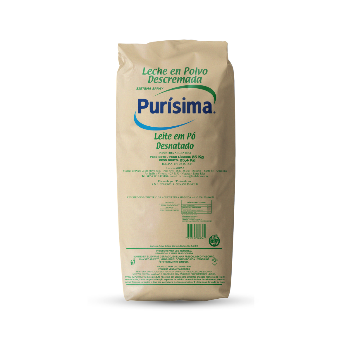Leche en Polvo Descremada Bolsa Purisima 25 Kgr