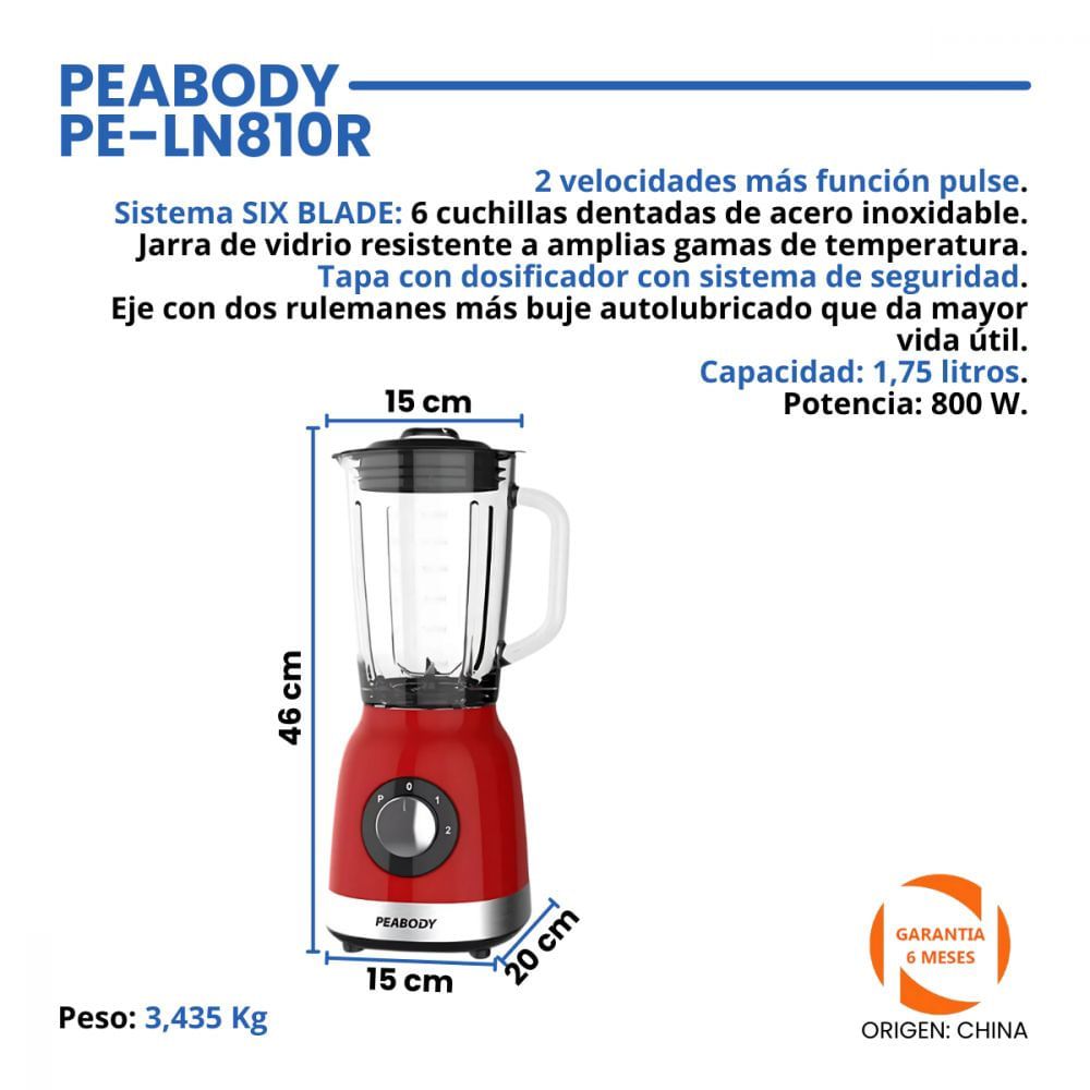Licuadora de Mesa 800W 1.75L Blanca Peabody Un
