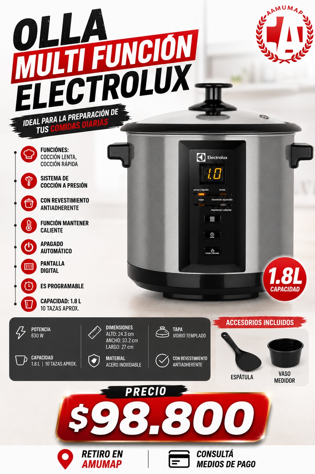 Olla Multinacional Electrica ELECTROLUX. Cap: 1,8lts. Timer. Regulador de temperatura. Panel digital.