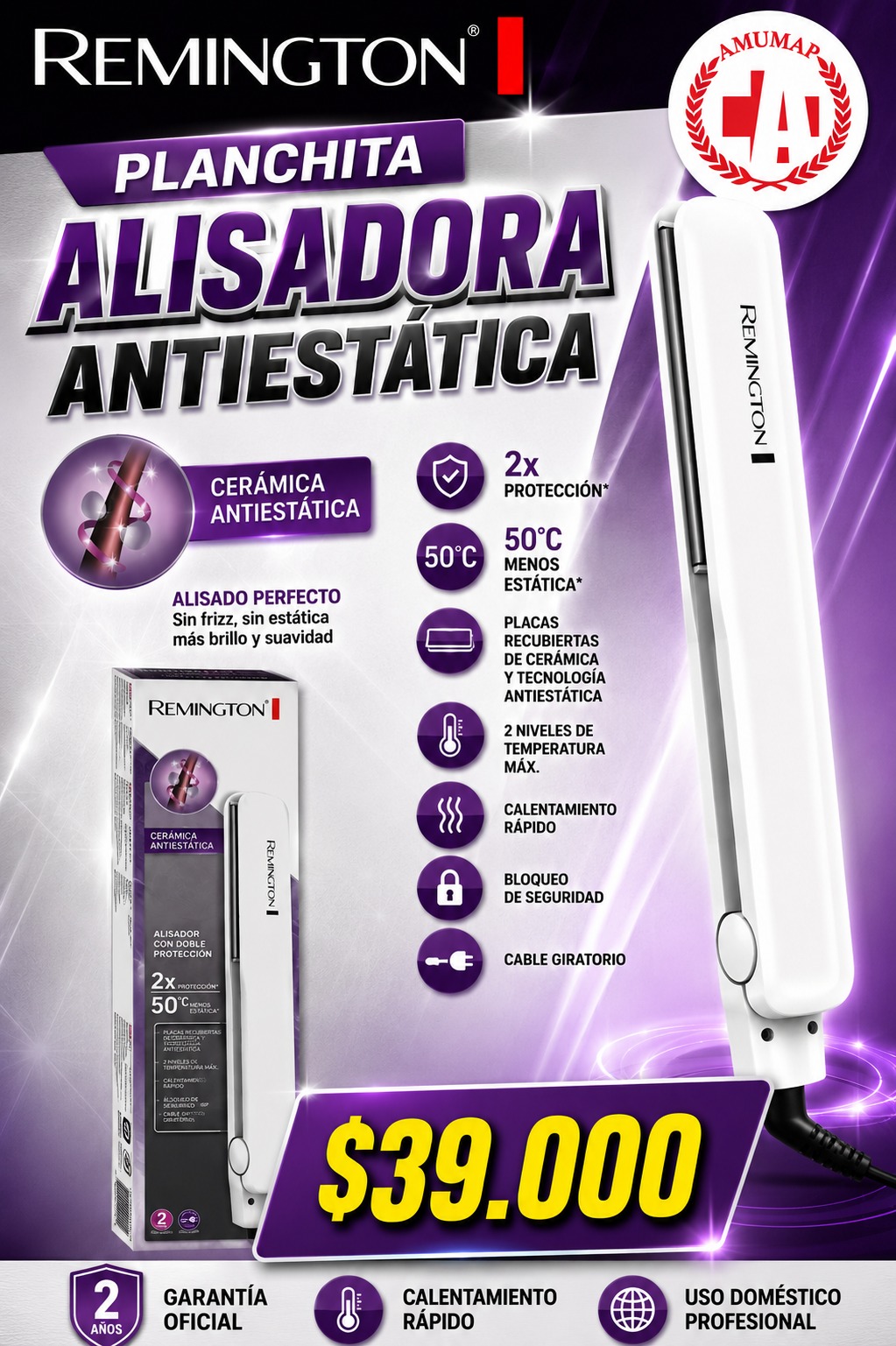 Planchita Alisadora Antiestatica REMINGTON. Dos niveles de temperatura. Calentamiento rapido. Bloqueo de seguridad. Cable giratorio. Placas recubiertas de ceramica y Tecnologia Antiestatica