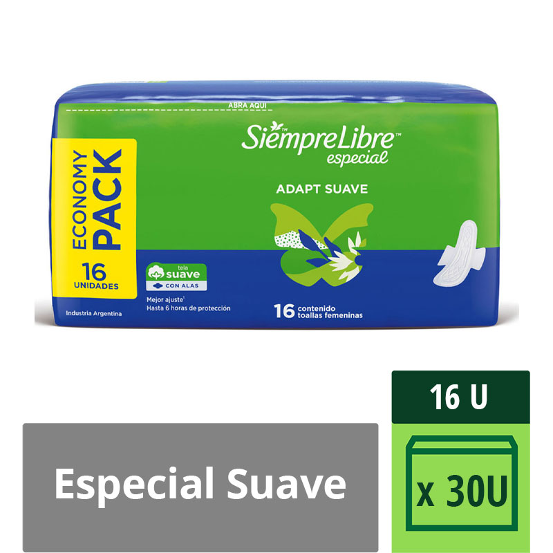 Toalla Fem. Especial Adapt Suave C/A Nv Siempre Libre 16 Un