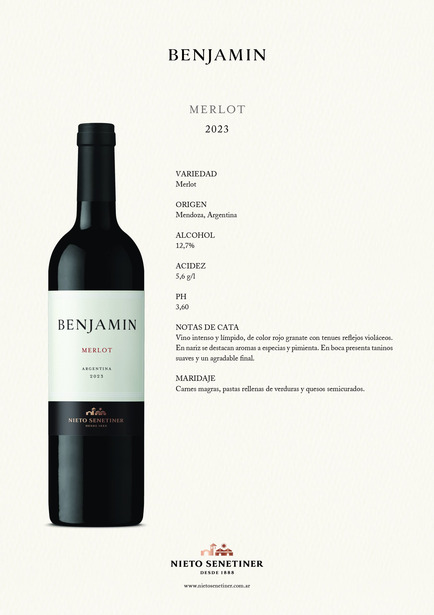 Vino Merlot 2023 Benjamin 750 cc
